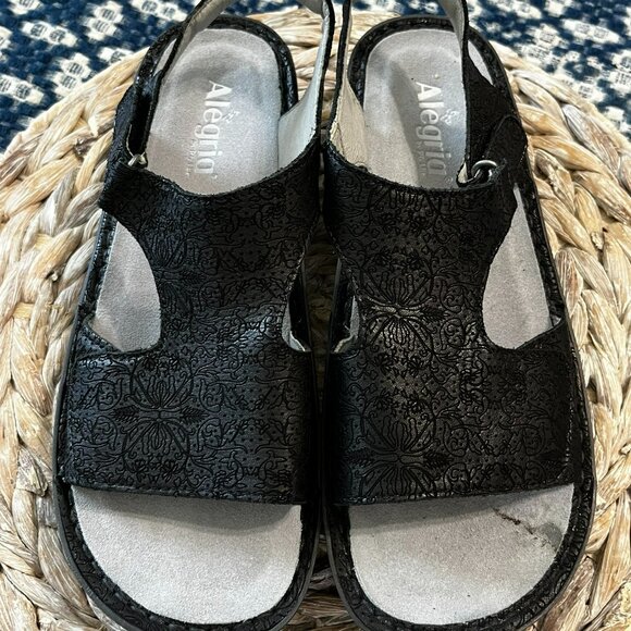 Alegria‎ Vik Black Shimmer Tooled Leather Trellis Sandals Size 10/11 US 41EU - Picture 1 of 10